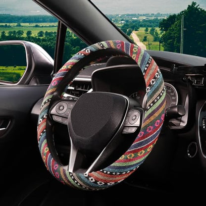 SEG Direct Boho Steering Wheel Cover with Baja Blanket Cloth, Ethnic Style Auto Wheel Cover Made of Coarse Flax, Fits 14 1/2-15 1/4 inches Car Wheel - color: Bohemian Dreams