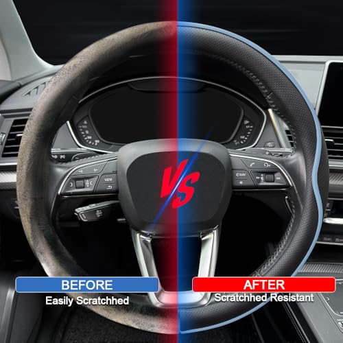 HAOTULE Leather Steering Wheel Cover， with Anti-Slip Stripe Design - Enhanced Grip, Fashion Style, Safe, Non-Slip, Breathable. Upgrade car Interior，Black Blue - color: Black Blue