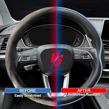 HAOTULE Leather Steering Wheel Cover， with Anti-Slip Stripe Design - Enhanced Grip, Fashion Style, Safe, Non-Slip, Breathable. Upgrade car Interior，Black Blue - color: Black Blue