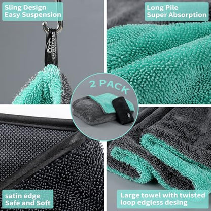 Crystal Clean 1300GSM Microfiber Towels for Cars – XL Drying Towel with Double Twisted Loop, Professional Detailing Towel Car Detailers - Quick Dry, Paint Safe & Swirl-Free (Grey+Green) - color: Grey+green