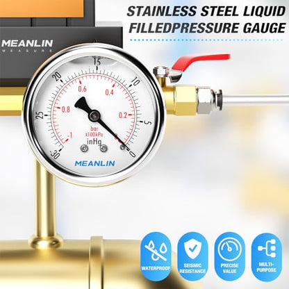 MEANLIN MEASURE -30inHG~0Psi Stainless Steel 1/4" NPT 2.5" FACE DIAL Vacuum Pressure Gauge, Center Back Mount, with 1/2" NPT and 3/8" NPT Hex Bushing - size: -30inhg-0psi
