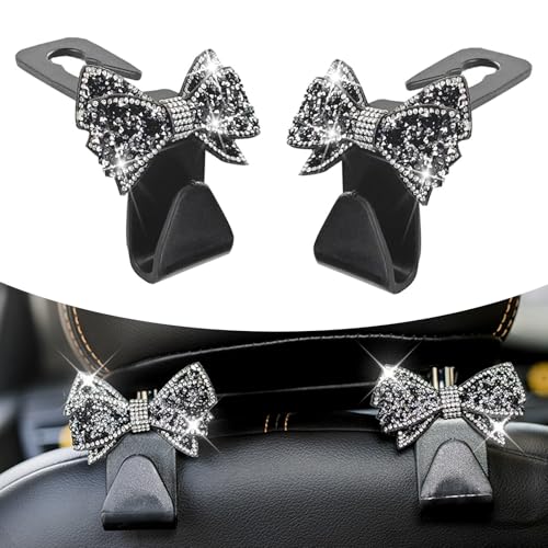 2 PCS Bling Car Seat Headrest Hooks, S Type Crystal Rhinestone Bow Vehicle Seat Back Storage Hooks for Purses Bags Groceries, Universal Diamond Car Rear Seat Organizer (Black) - color: Black