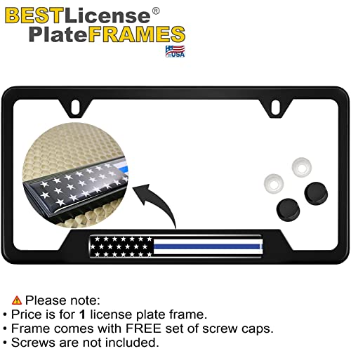 Stainless Steel Matte Black CAR 2-Hole Standard Size - Domed Custom-Made Corrosion-Resistant License Plate Frame with Thin Blue Line USA Flag Design and Free caps - (Qty: 1 Frame) - size: Thin Blue Line U.S. Flag