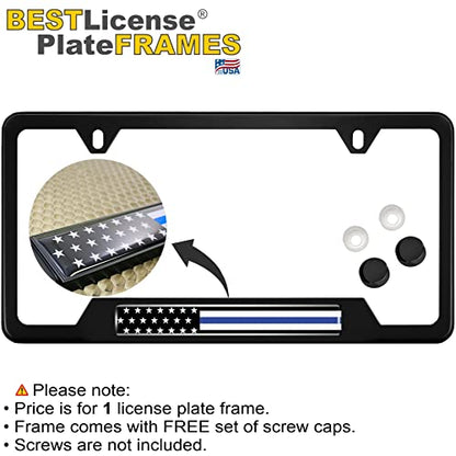 Stainless Steel Matte Black CAR 2-Hole Standard Size - Domed Custom-Made Corrosion-Resistant License Plate Frame with Thin Blue Line USA Flag Design and Free caps - (Qty: 1 Frame) - size: Thin Blue Line U.S. Flag