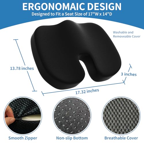 Seat Cushion &Office Chair Cushion,Lumbar Support Pillow for Office Chair,Ergonomic Memory Foam Non-Slip Office Chair Cushion,Back Support Cushions for Tailbone&Sciatica Pain Relief Black