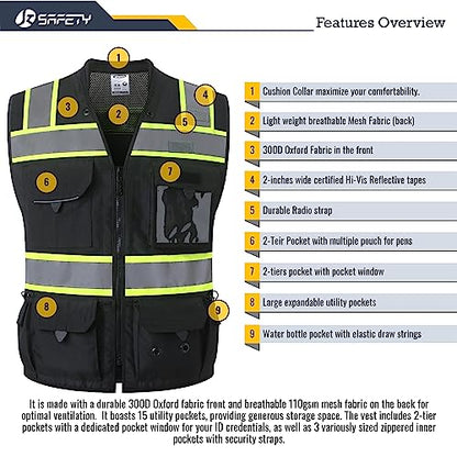 JKSafety Hi-Vis Unisex Surveyor Safety Vest Heavy Duty PPE Inner Pockets ANSI/ISEA Compliant - color: 188-black, size: X-Large