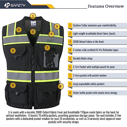 JKSafety Hi-Vis Unisex Surveyor Safety Vest Heavy Duty PPE Inner Pockets ANSI/ISEA Compliant - color: 188-black, size: 5X-Large
