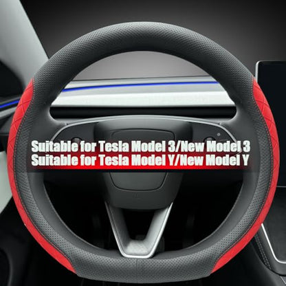 LKWLIKEI Leather Steering Wheel Cover. Elegant Diamond Checkered Design, Non-Slip and Breathable, for Tesla Model 3/Y Steering Wheel Protector,Black Red - color: Black Red