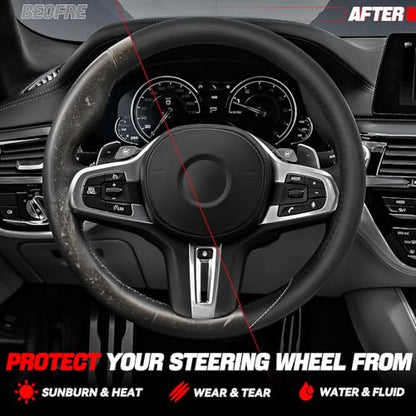 Auto Dynasty Steering Wheel Cover, Breathable Microfiber Leather Car Steering Wheel Protector with White Stitched, [14 1/2 to 15 Inches] Universal Fit Cars Trucks SUVs - color: Stitched White A