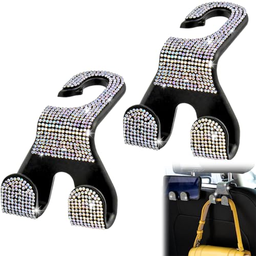 Car Headrest Hooks Bling, 2 in 1 Purse Hook for Car Seat Hooks Rhinestone Purse Hangers Holder Universal Bag Hooks Bling Car Accessories for Women 2pcs, AB Bling - color: Bling Multicolored