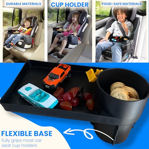 Kids Travel Tray - Car Seat and Car Cup Holder Tray - Tray for Snacks, Entertainment, Toys - Includes Cup Holder - Fits Most Car Seats