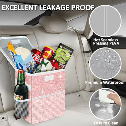 Cute Mini Car Trash Bag with Lid, Glitter Garbage Can Bin Hanging for Back/Front Seat/Console, Waterproof, Leakproof, 2.5 Gallon, Pink Bling Sparkly - color: Pink Bling Sparkly
