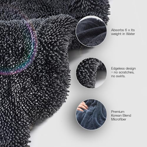 Crystal Clean 1300GSM Car Drying Towel - XL (24x36) Microfiber Towels for Cars with Double Twisted Loop, Professional Detailing Towel for Car Detailers - Quick Dry, Paint Safe & Swirl-Free - color: Dark Grey