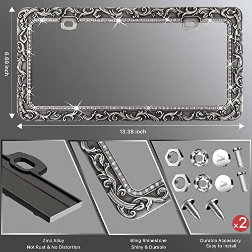 Valor Metal Car License Plate Frames,Antique Old Pattern Printing, Bling Crystal Rhinestones Inlaid,Universal 2 Holes Automotive Replacement Parts Plate Holder(2 Pack) - size: 2 Pack