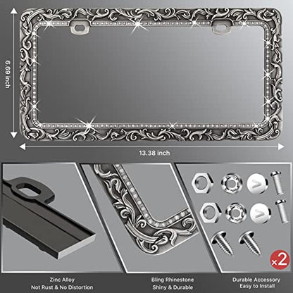Valor Gel Metal Car License Plate Frames,Antique Old Pattern Printing, Bling Crystal Rhinestones Inlaid,Universal 2 Holes Automotive Replacement Parts Plate Holder(1 Pack) - size: 1 Pack