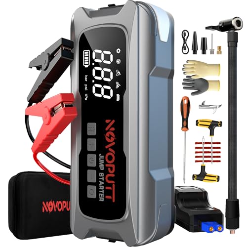 6000A Jump Starter with Air Compressor, 150PSI Dual Cylinder Tire Inflator & PD 65W Fast Charge, 12V Portable Car Battery Booster for All Gas/10L Diesel Trucks, Jumper Cables & Emergency Kit Included