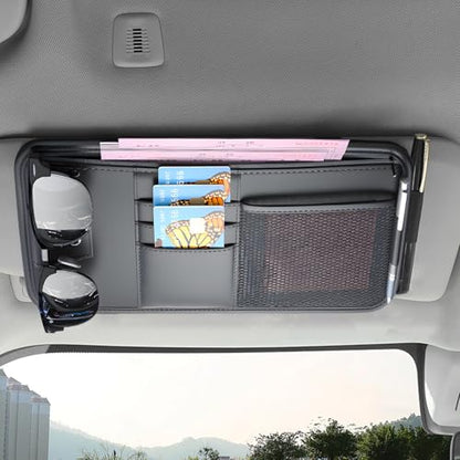 panthra 2pcs Car Visor Organizer, Sun Visor Organizer, Sunvisor Soft Leather Surface Eyeglasses Note Card Holder Car Storage Bag Suitable for Most Vehicles, Suv and Trucks Keep Clean (Black+Gray)
