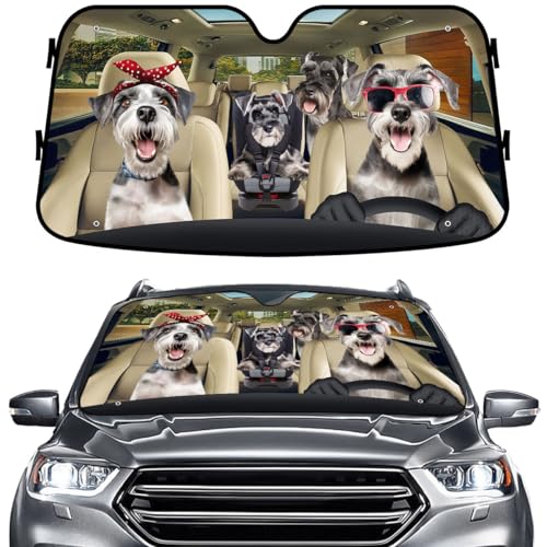 GENANY Cute Miniature Schnauzer Dog Family Funny Windshield Sun Shade for Car SUV Truck (55x30 Inches), Sun Shade Windshield, Protector Blocks UV, Spring Car Decor - color: 4.Schnauzer Family Cute, size: Size S