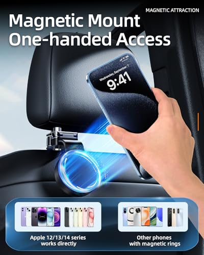 1 Pack Headrest Hook for Car Seat Back with Magnetic Phone Holder, Multifunctional Car Seat Hooks for Purses and Bags Handbag Grocery Bag, Purse Hanger Car Organizers and Storage Accessories - style: Magnetic