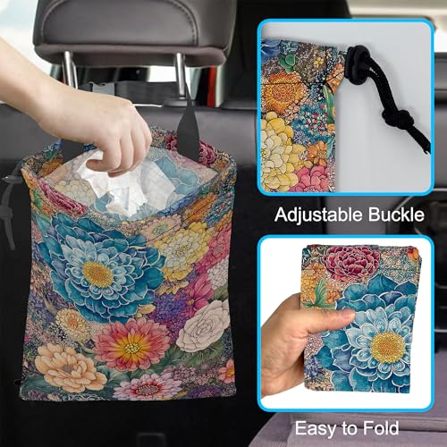 Car Trash Bag Hanging Blooming Flowers Car Trash Can Waterproof Garbage Bag Hanging for Car Back Seat - color: Blooming Flowers