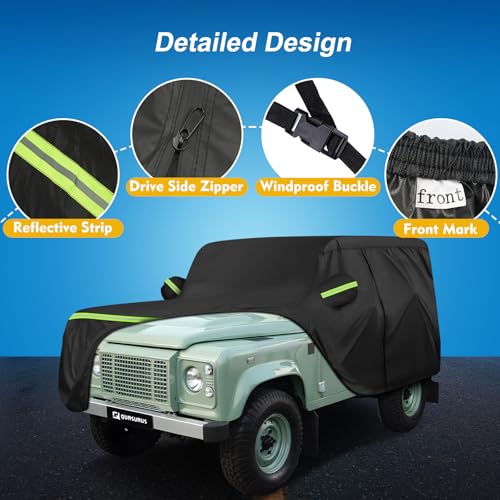QUNSUNUS Car Cover for Land Rover Defender 90 1984-2016, Waterproof YJ/TJ 2 Door Car Covers with Cotton Lining, All Weather Cover with Straps and Zipper for Wind, Sun and Dust Protection - size: for Land Rover Defender 90/YJ/TJ 2-Door