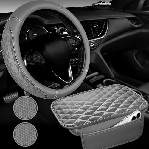 CAR PASS 3D Rhombus Memory Foam Leather Steering Wheel Cover Set, Comfortable Center Console Armrest Cushion Cover with Storage Bags Non-Slip Cup Coasters, 14.5-15in Car Interior Sets, 4 PCS All Gray - color: Solid Gray