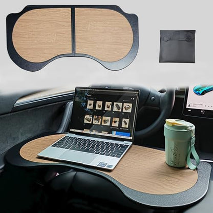 Frins for Tesla Car Desk,Foldable Car Table for Laptop(PU Leather &Wood Grain),Tesla Model Y/3 Accessories Tray,Car Tray for Dining/Work/Study/Game/Makeup/Travel/Outdoor for Model Y/3/X &Most Vehicles