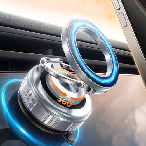 DIMONCOAT 2025 Upgraded 360° Rotation Vacuum Magnetic Phone Holder for Car,for Suction Cup Phone Mount Stand [109+LBS Strongest Suction & Magnetic] Adjustable Swivel Lock, for Your Car/Mirror - color: Silver