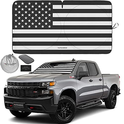 Autoamerics 1-Piece Windshield Sun Shade B&W American Flag USA Patriotic Design - Foldable Car Fits Easily to SUV & Truck Vehicles UV Ray Blocker Keeps Your Vehicle Cool Large - color: USA B&W FLAG, size: LARGE = 64 x 33.5 inches