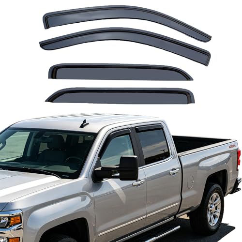 Tape-On Window Visors Rain Guards Compatible with 2014-2018 Chevrolet Silverado GMC Sierra 1500/2500HD/3500HD Double Cab, Durable Smoke Deflectors,Side Window Shades Rain Snow Sun Wind Protection - size: For Silverado/Sierra Crew Cab 2014-2018