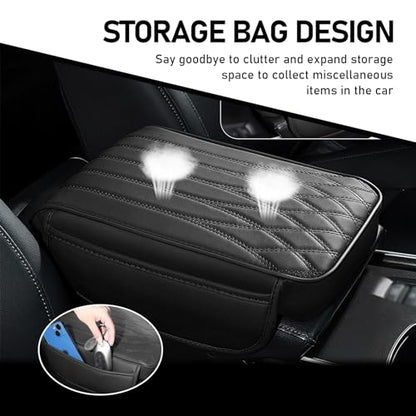 Armrest Cover, Memory Foam Relieve Stress Center Console Pad, Anti-Slip Breathable Leather Storage Box Cover with Storage Bag, Universal for Most Cars Interior Protection Accessories (Black)
