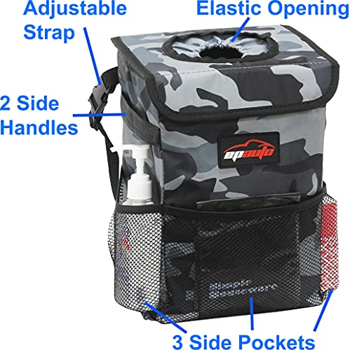EPAuto Waterproof Car Trash Can with Lid and Storage Pockets, Camouflage Grey - color: Camouflage Grey