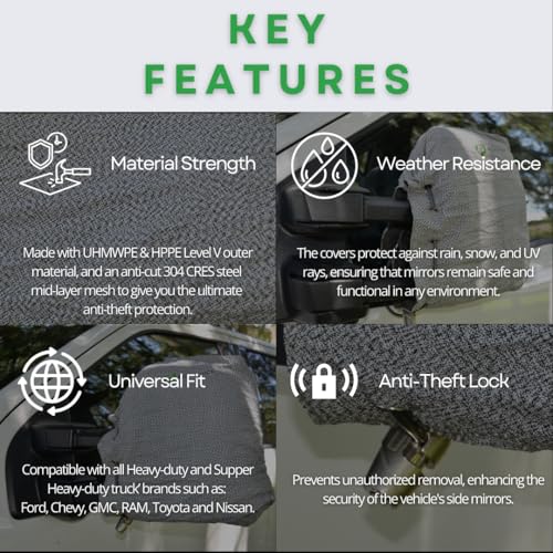 HD-MirrorLock for Heavy-Duty Trucks, Vehicle Side Mirror Covers Set, Anti-Theft Lock, UHMWPE, HPPE, 304 CRES Steel Mesh, Fits Most Pickup Trucks, Protection from Ice (16 x 14 x 6 Inches) - size: 16 X 14 X 6 Inches