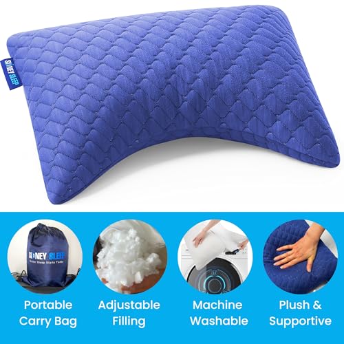 Sidney Sleep Mini Travel Size Neck Pillow - Knee, Back Lumbar and Support - Small Curved Pillow - Adjustable Fill - Washable Case - Drawstring Backpack Included - 14 x 19 Inches (Mini - Blue) - color: Blue, size: Travel Mini