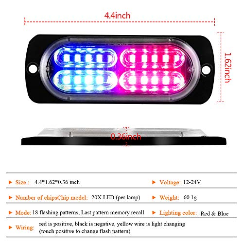 12-24V 20-LED Super Bright Emergency Strobe Warning Caution Hazard Construction Waterproof Flashing Strobe LED Light Bar Surface Mount for Car Truck SUV Van (Red Blue) - color: Red&Blue