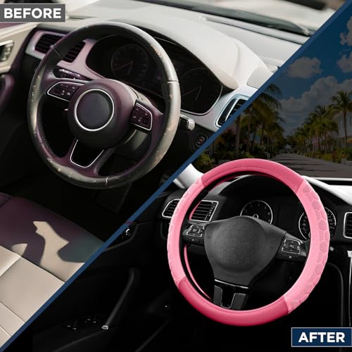 PIC AUTO Massage Steering Wheel Cover, Pink Football Pattern Material Spliced & Hotpink Leather Car Steering Wheel Cover, Car Steering Cover, Universal Fit 14.5"-15.5" for Cars, Trucks, Van, SUVs - color: Hotpink