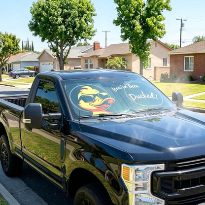 63"x28.5" Car Windshield Sun Shade with Storage Pouch, Stylish Printed Front Window Sunshade with Double Ring Frame, Universal Fit Foldable Heat Blocker & UV Protector for SUV, Sedan (Duck) - color: Duck