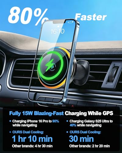 Wireless Car Charger with Semiconductor Cooling, Magnetic Phone Mount for iPhone 17/16/15/14/13 Series, 15W Fast Charging Car Holder with RGB Ambient Light, Auto-Aligning Vent Clip Mount