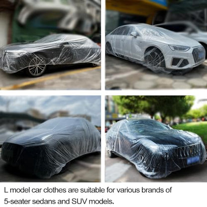4 Packs Disposable Car Cover Clear Plastic Car Cover Universal Rain Dust Garage Cover with Elastic Band Medium (12.4 FT x 21.6 FT) - size: 4 PCS L(12.4ft * 21.6ft)