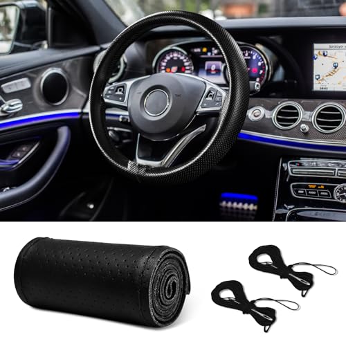 Leather Steering Wheel Cover Lace Up, Car Wheel Cover, Universal Car Steering Wheel Protector with Needle Thread, 15 inch Steering Wheel Wrap Interior Accessories for Truck (Black, Hole) - color: Black, size: 15 inch - Hole