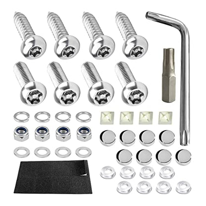 YALOK Anti Theft License Plate Screws Kits- Rustproof Stainless Steel Car Tag Plate Mounting Hardware, M6 (1/4") Tamper Proof Fastener Nut, Caps Cover for Front Rear Frame Holder Mounting（Silver-Set1）
