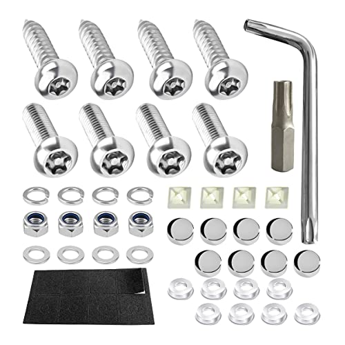 YALOK Anti Theft License Plate Screws Kits- Rustproof Stainless Steel Car Tag Plate Mounting Hardware, M6 (1/4") Tamper Proof Fastener Nut, Caps Cover for Front Rear Frame Holder Mounting（Silver-Set1）