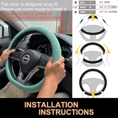 PINCTROT D Shaped Nappa Leather Steering Wheel Cover, Slim Fit No Bulk Design, One Piece Leather with Breathable Perforation, Fit Like Gloves, Flat Bottom 14.5-15 Inch(Nappa Mint) - color: 09.Mint, size: D Shaped/Flat Bottom[14 1/2''-15'']