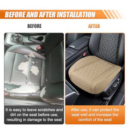Luxury Faux Leather Car Seat Cover, Anti-Slip Waterproof Universal Front Bottom Seat Protector with Storage Pocket, Triangular Pattern Vehicle Seats Cushion for Sedans, SUVs, Trucks (Beige) - color: Beige