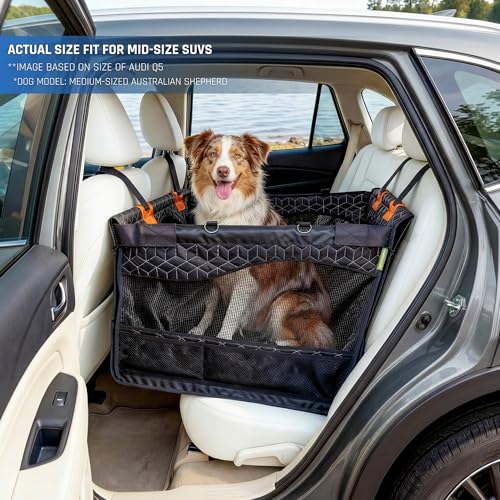 Dog Car Seat for Large Medium Dogs | Waterproof Dog Seat Cover for Back Seat with Hard Bottom | Alloy Twist-Lock Rods | 3 Mesh Windows | Removable Fleece Mat | Cars, SUVs, Trucks - color: Black