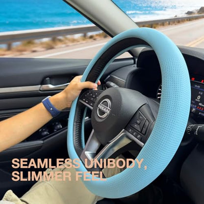 PINCTROT D Shaped Nappa Leather Steering Wheel Cover, Slim Fit No Bulk Design, One Piece Leather with Breathable Perforation, Fit Like Gloves, Flat Bottom 14.5-15 Inch(Nappa Aqua) - color: 10.Aqua, size: D Shaped/Flat Bottom[14 1/2''-15'']