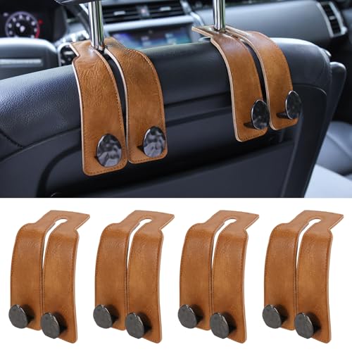 4 PCS Leather Car Seat Hooks for Headrest, Vehicle Hanger Storage Organizer Universal for Handbag Purse, Car Accessories Gift (Brown-Black-4 PCS) - color: Brown-Black-4 PCS