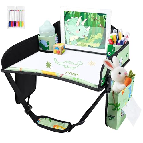 Kids Travel Tray, Kids Travel Trays for Car Seat, Road Trip Essentials for Toddler, Carseat Lap Tray with Dry Erase Board & Storage Organizer for Road Trip Activities for Kid, Green - color: Green-1PCS