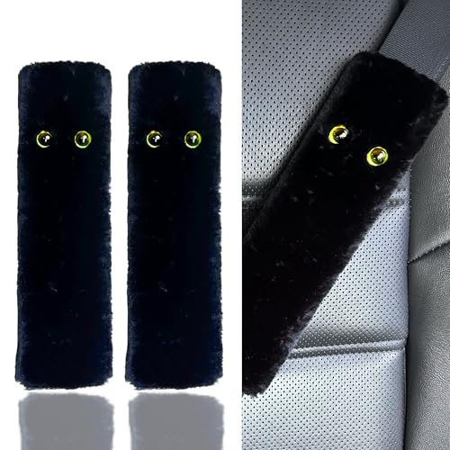 Black Cat Panther Seat Belt Strap Cover Pad, Cute Funny Interior Car Accessories Decor, for Auto Truck Pickup 2025, Artificial Soft Wool, Fluffy Shoulder Neck Cushion Protector, 2 PCS - color: Black