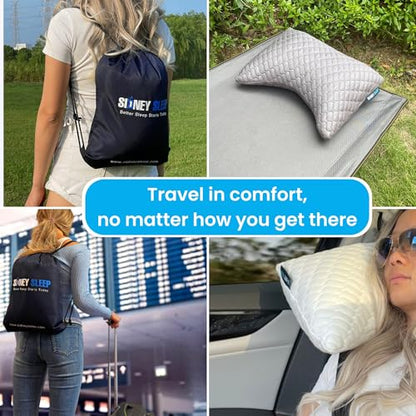Sidney Sleep Mini Travel Size Neck Pillow - Knee, Back Lumbar and Support - Small Curved Pillow - Adjustable Fill - Washable Case - Drawstring Backpack Included - 14 x 19 Inches (Mini - Blue) - color: Blue, size: Travel Mini